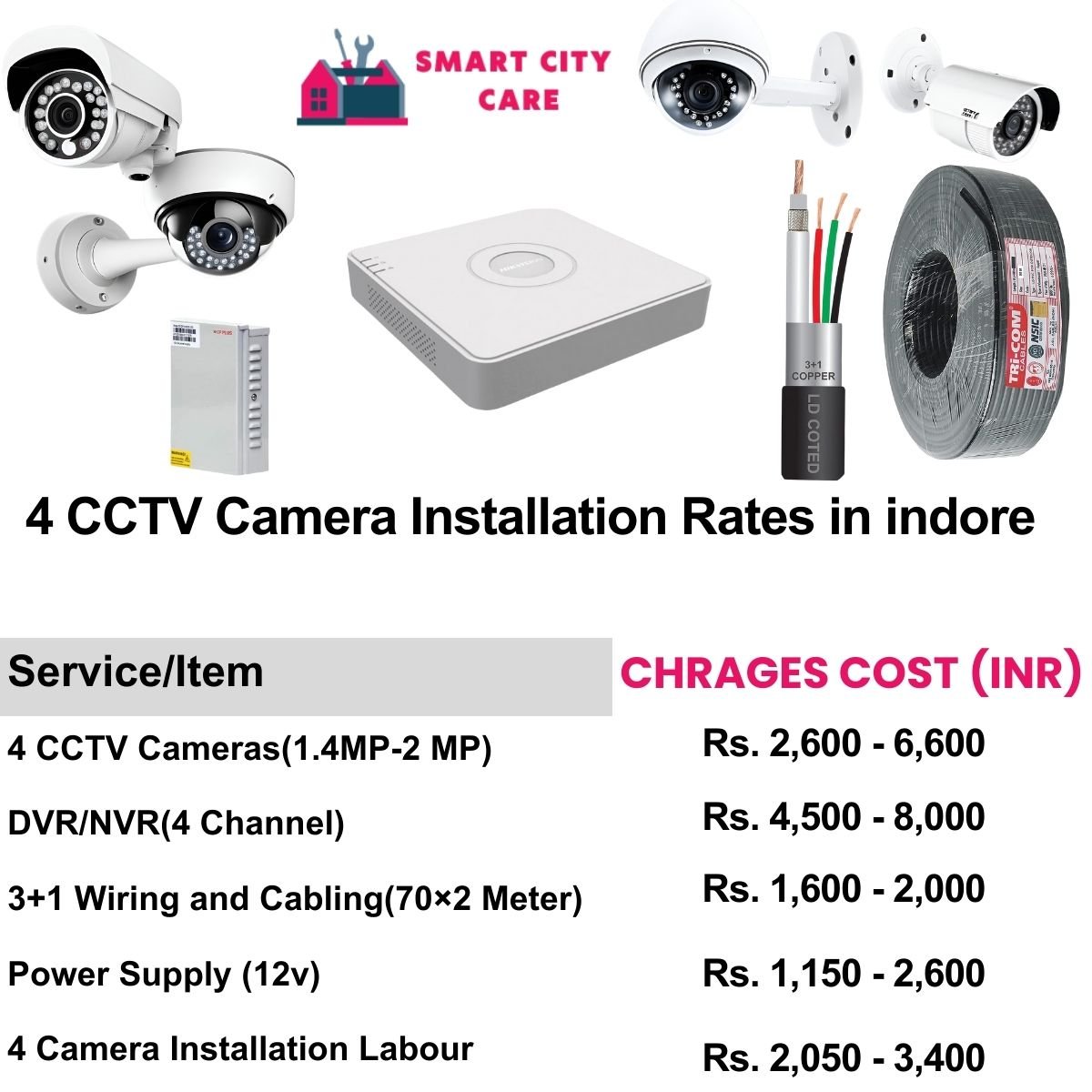 4 CCTV camera installation cost list in  Indore