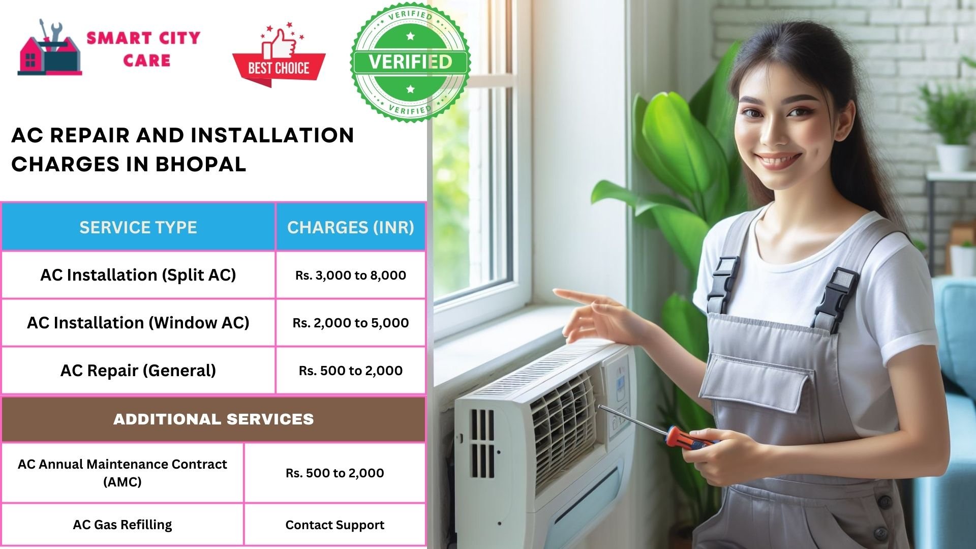 Affordable AC repair and installation rates list service in Bhopal